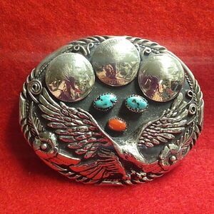 Vintage Turquoise & Coral Eagle Southwestern Silver Tone Metal Handcrafted Sign